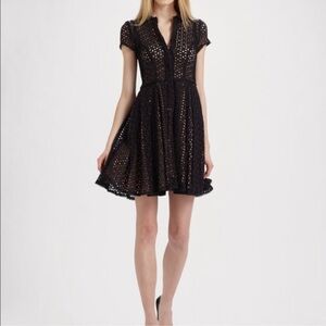 BCBGMaxAzria Dasha Black Eyelet Lace Fit & Flare Dress Short Sleeve Pockets Sz 4